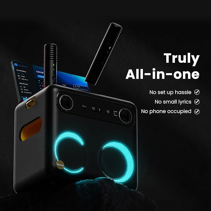 Experience the ultimate all-in-one karaoke machine! Enjoy hassle-free setup, large easy-to-read lyrics, and keep your phone free while you sing your heart out!