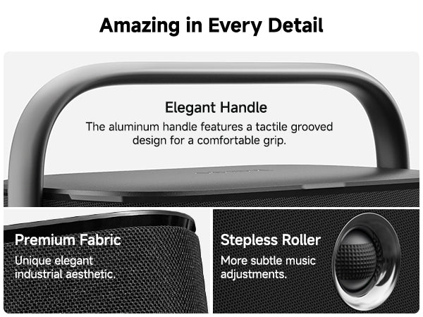 Ikarao karaoke machine with elegant aluminum handle, premium fabric, and stepless roller for subtle music adjustments and a unique industrial aesthetic.