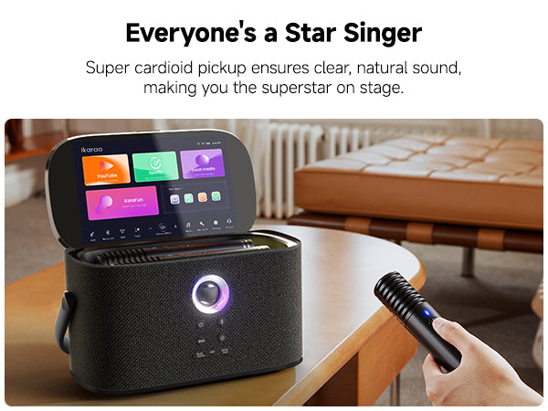 With the Ikarao karaoke machine, everyone’s a star singer! Super cardioid pickup ensures clear, natural sound, making you the superstar on stage with every performance.