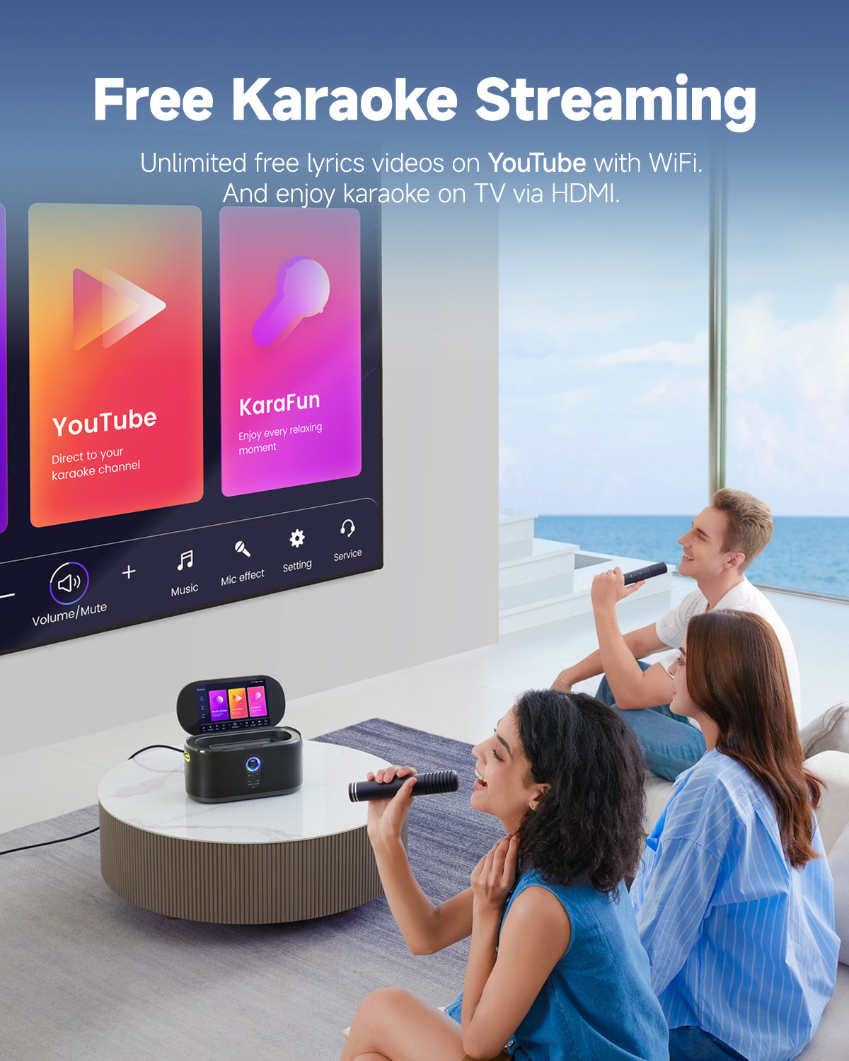 Enjoy free karaoke streaming with unlimited lyrics videos on YouTube via WiFi. Connect to your TV through HDMI for an immersive karaoke experience!