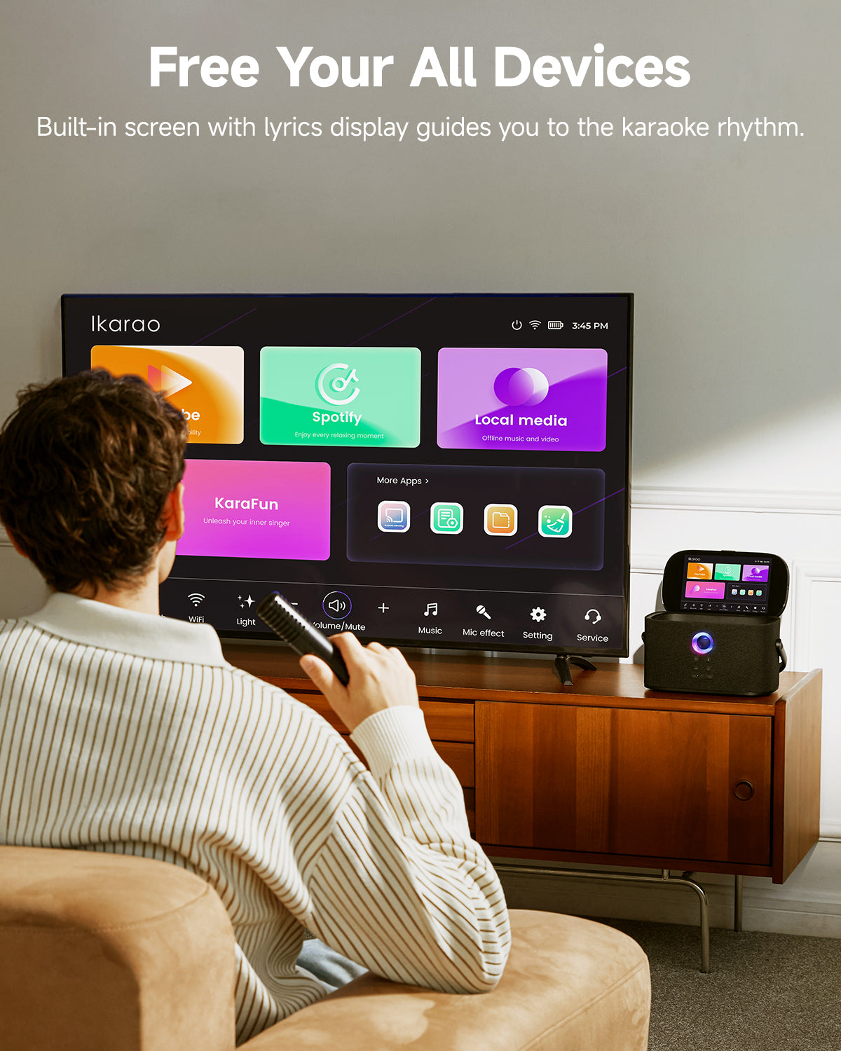 Free your devices with the Ikarao karaoke machine. Enjoy a built-in screen with lyrics display that guides you through the karaoke rhythm for a seamless singing experience.