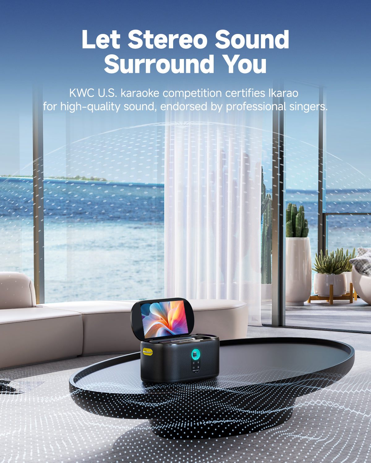 Experience the Ikarao karaoke machine with immersive stereo sound that surrounds you. Certified by KWC U.S. for high-quality audio and endorsed by professional singers for an exceptional singing experience!
