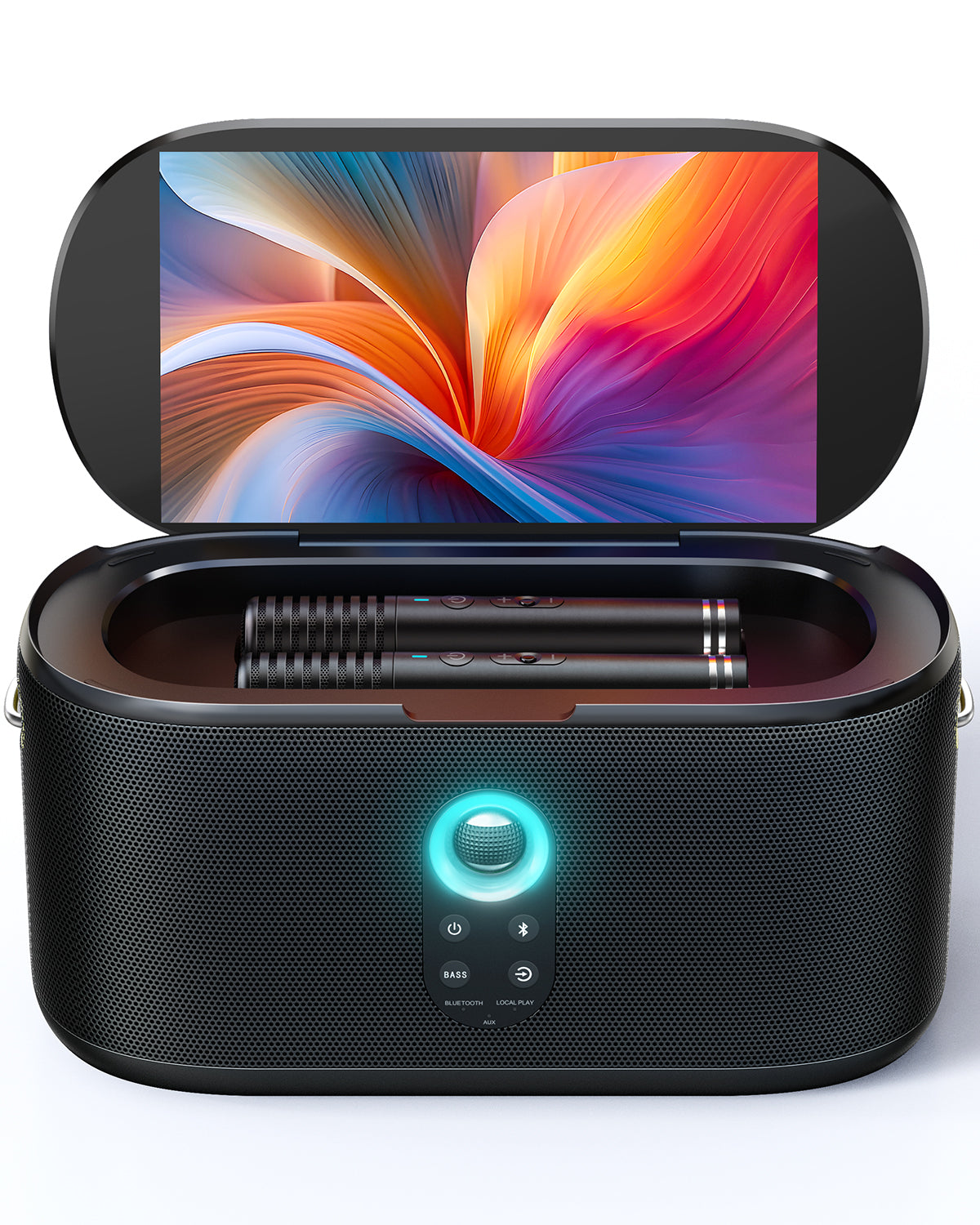Ikarao Shell S1 portable party speaker for kids with wireless mics, LED lights, and 12 hours of fun for family parties.