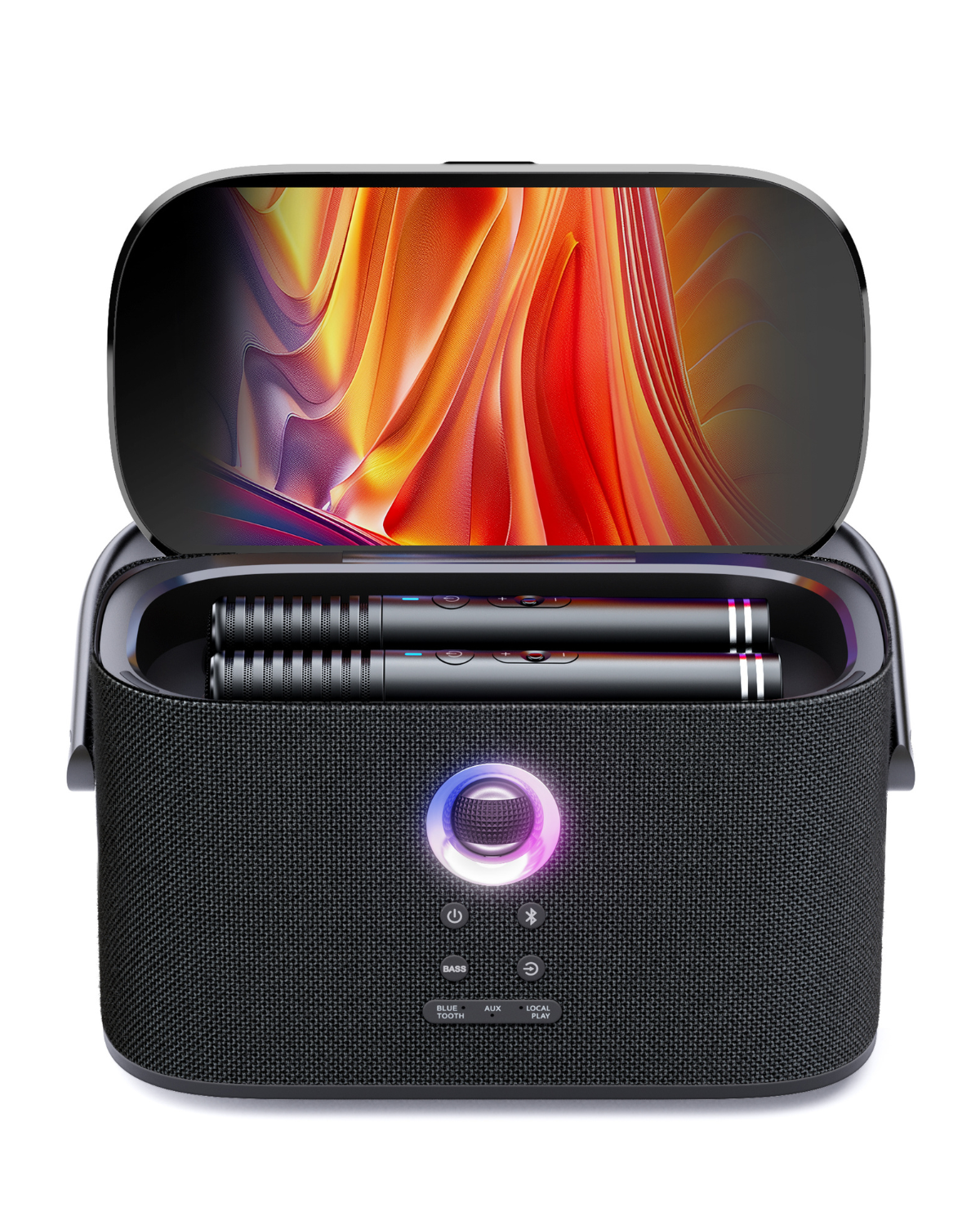 Ikarao Shell S2 portable karaoke speaker for kids featuring wireless microphones, colorful LED lights, and up to 8 hours of non-stop fun, perfect for home parties and family entertainment