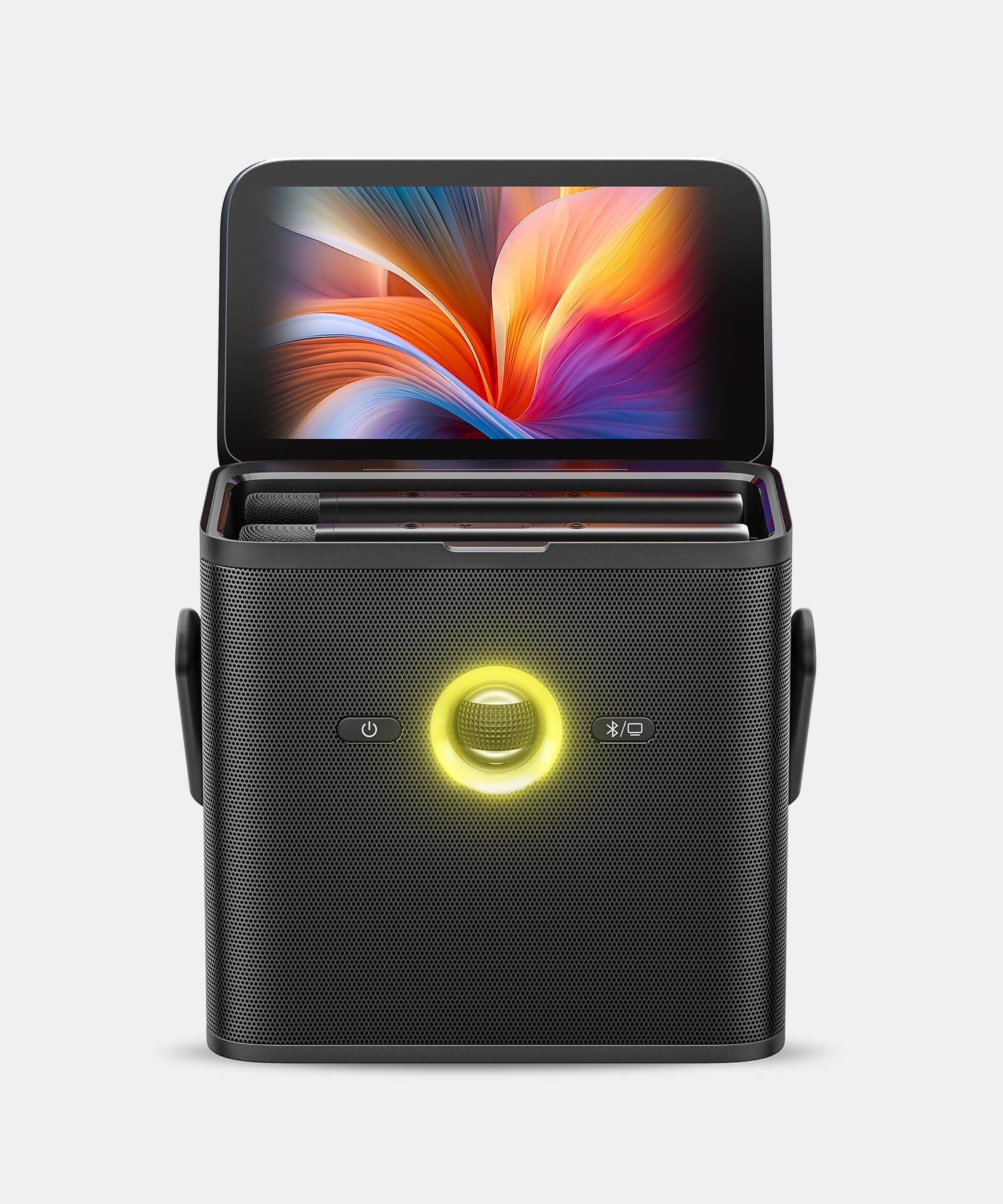 Ikarao Shell S3 karaoke machine with 7-inch touchscreen, wireless microphones, LED lights, and 8-hour battery for non-stop fun at parties.