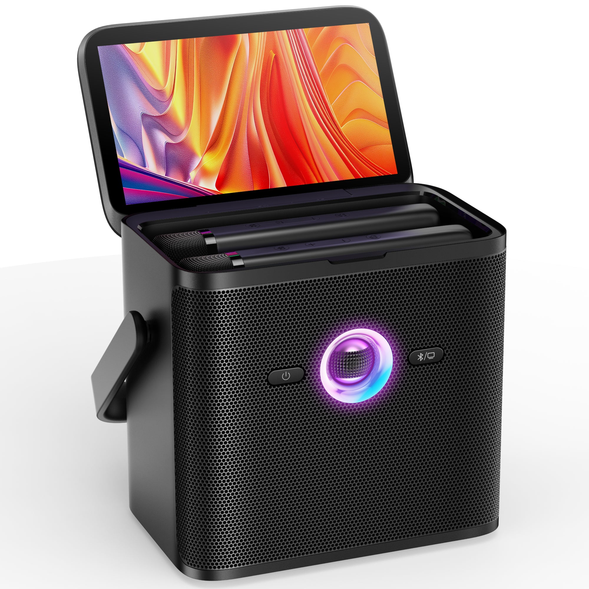 Ikarao Shell S3 karaoke party speaker featuring a 7-inch touchscreen and wireless microphones for fun, portable karaoke entertainment.