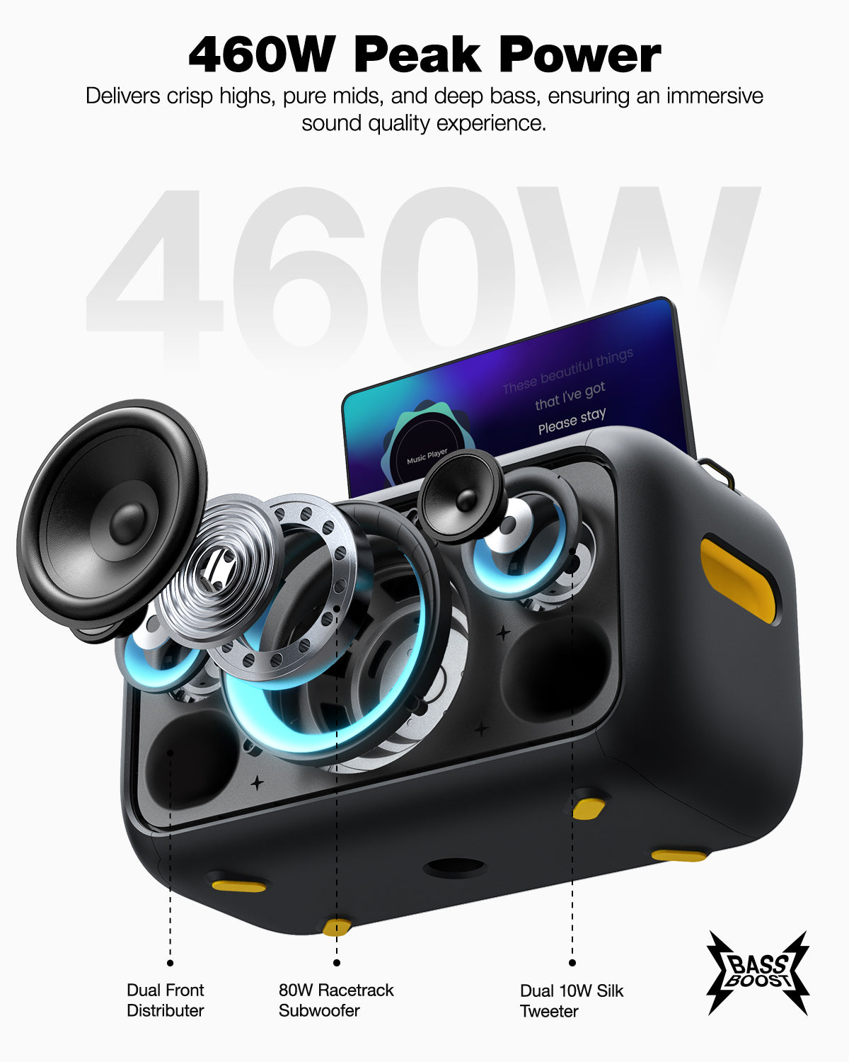 Experience the Ikarao Karaoke machine with 460W peak power. Delivers crisp highs, pure mids, and deep bass for an immersive sound quality experience