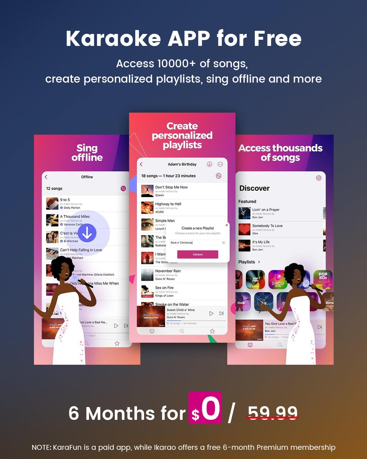 Enjoy our karaoke machine with a free 6-month Karafun subscription, giving you access to over 10,000 songs. Perfect for parties, family gatherings, and endless singing fun!