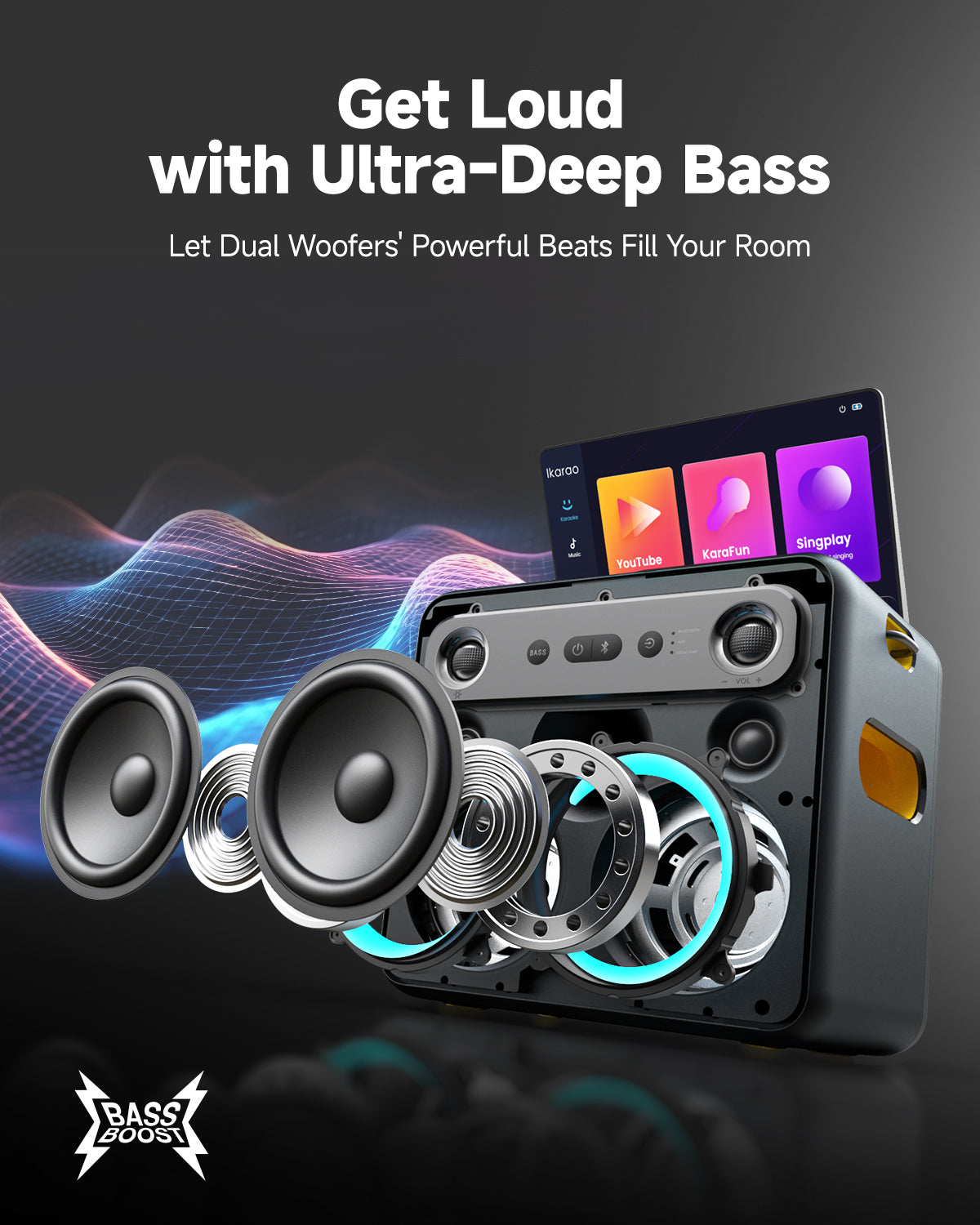 Experience our karaoke machine that delivers powerful sound! Enjoy ultra-deep bass and dual woofers that fill your room with beats, perfect for any party or gathering!