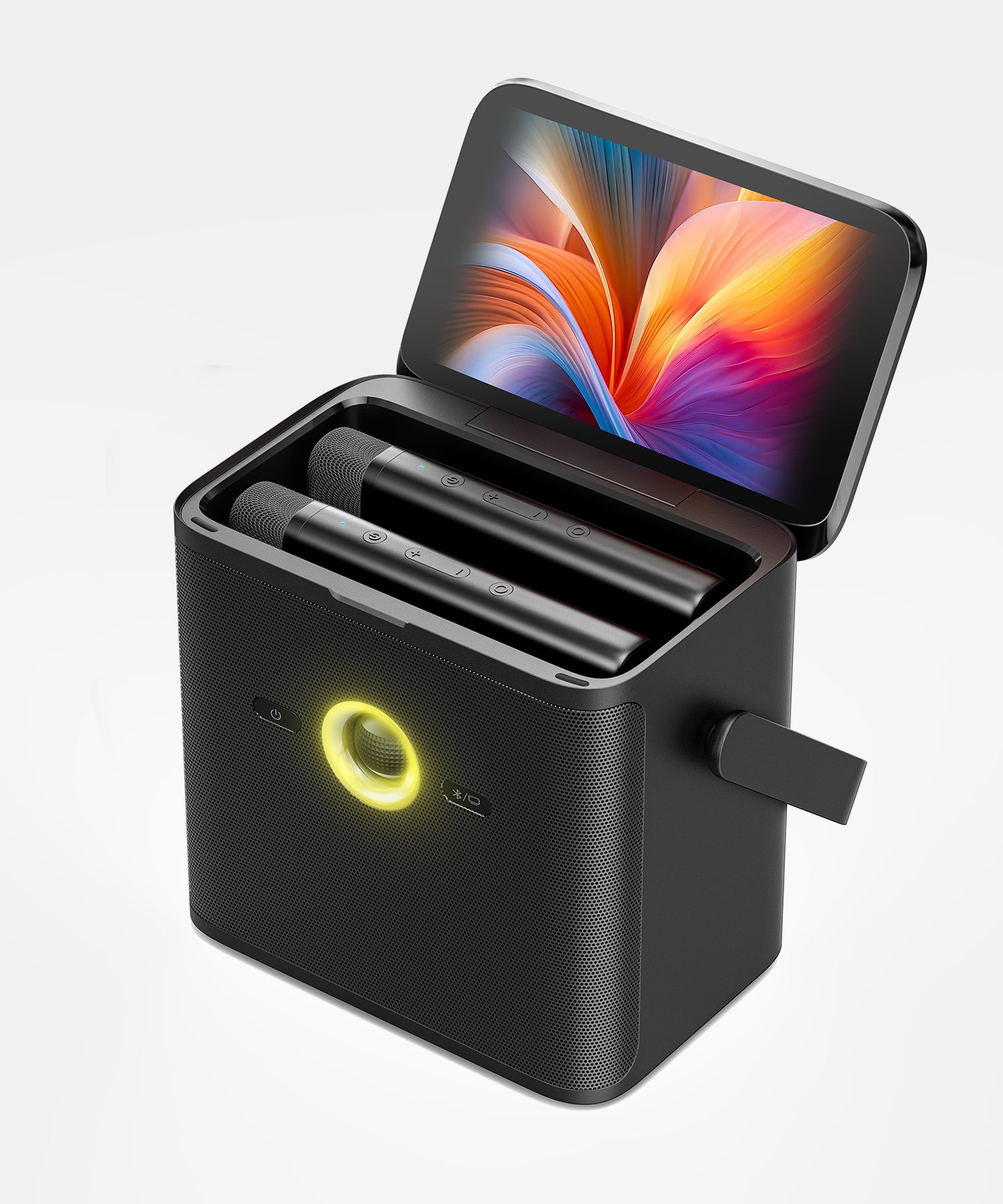 Kids' karaoke machine with built-in on-screen microphone and lightweight design with handle for easy portability and endless fun.