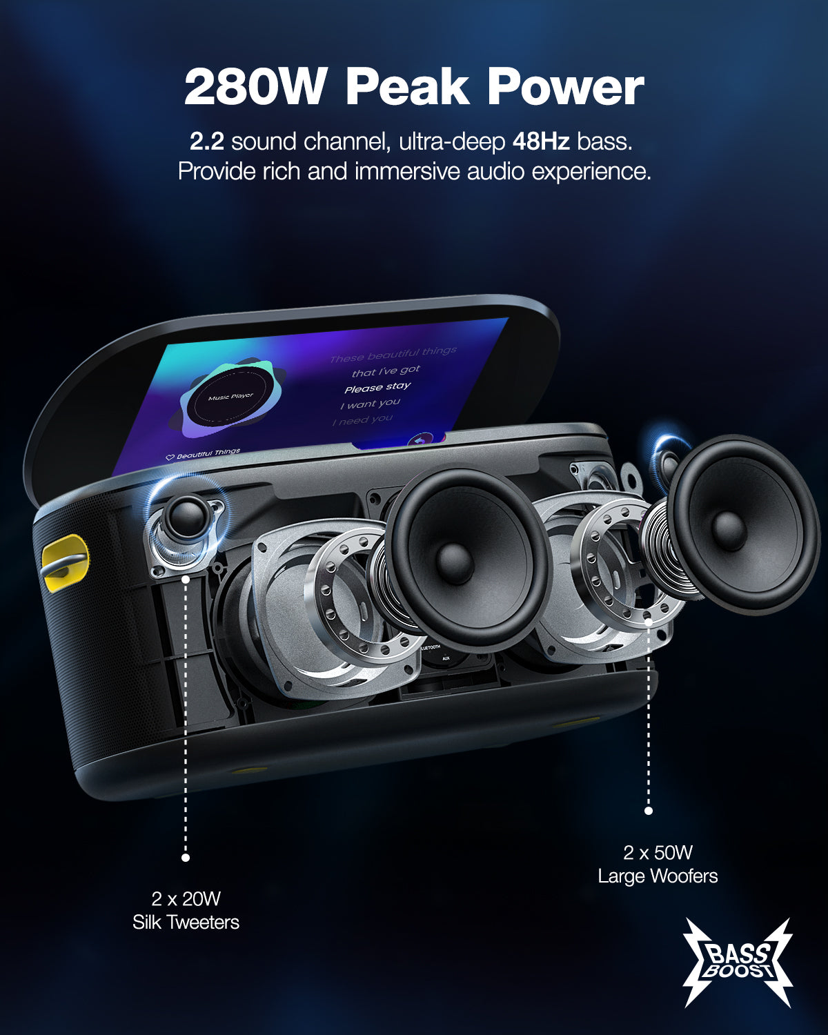 Experience rich and immersive audio with our karaoke machine featuring 280W peak power and a 2.2 sound channel with ultra-deep 48Hz bass for an unforgettable singing experience!