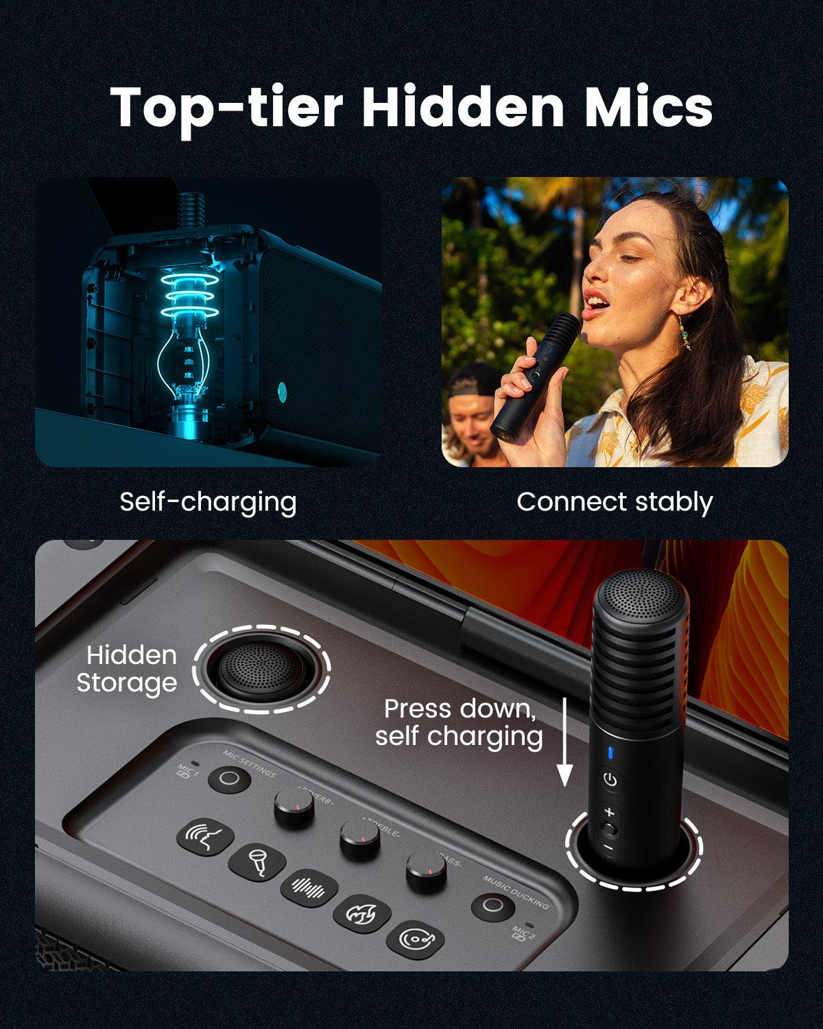 Discover our karaoke machine featuring top-tier built-in hidden mics, self-charging functionality, and stable connectivity. Perfect for seamless karaoke enjoyment!