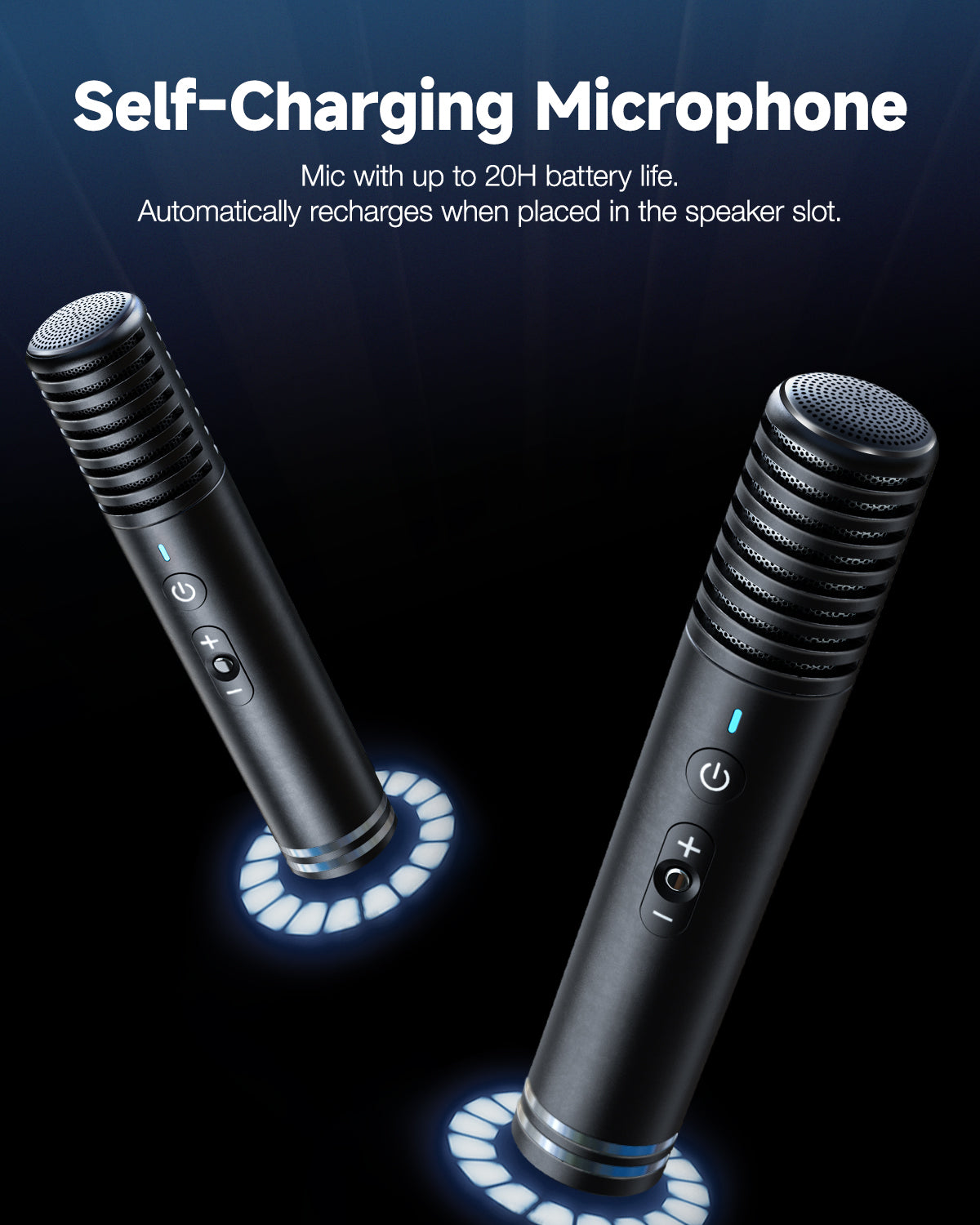 Introducing our Karaoke Machine equipped with a Self-Charging Microphone that boasts up to 20 hours of battery life. The mic automatically recharges when docked in the speaker slot for endless singing fun!