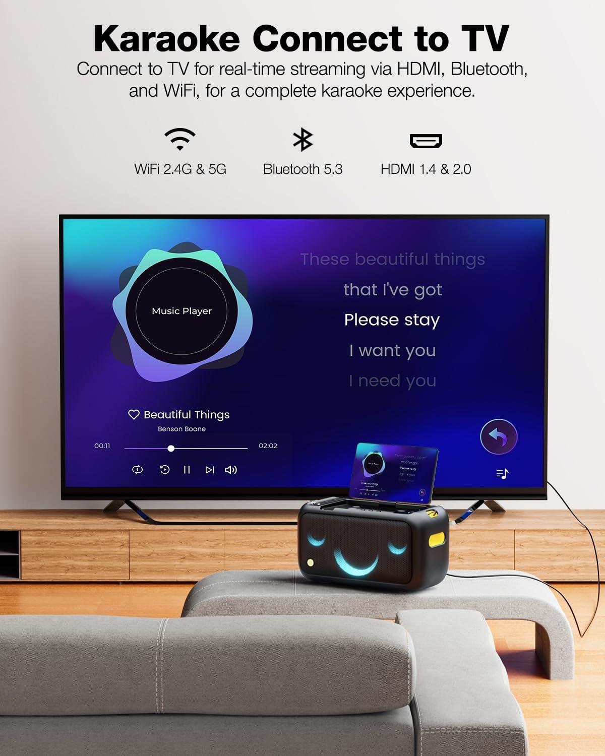 Experience a complete karaoke experience with our karaoke machine. Connect to your TV for real-time streaming via HDMI, Bluetooth 5.3, and dual-band WiFi (2.4G & 5G)