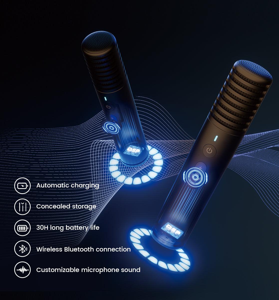 Enjoy non-stop singing with our karaoke machine featuring two microphones, concealed storage, 30 hours of battery life, and customizable sound settings. Perfect for any gathering!