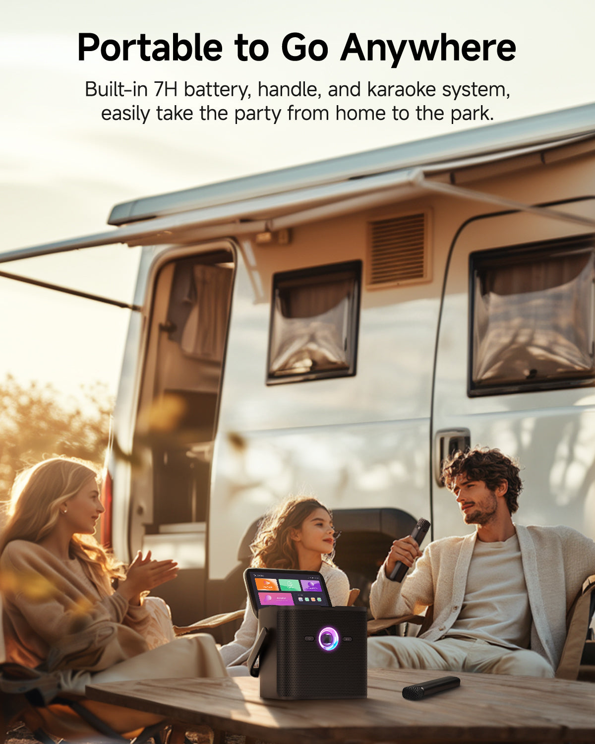 Ikarao portable karaoke machine with 7H battery, handle, and karaoke system, perfect for taking the party from home to the park.