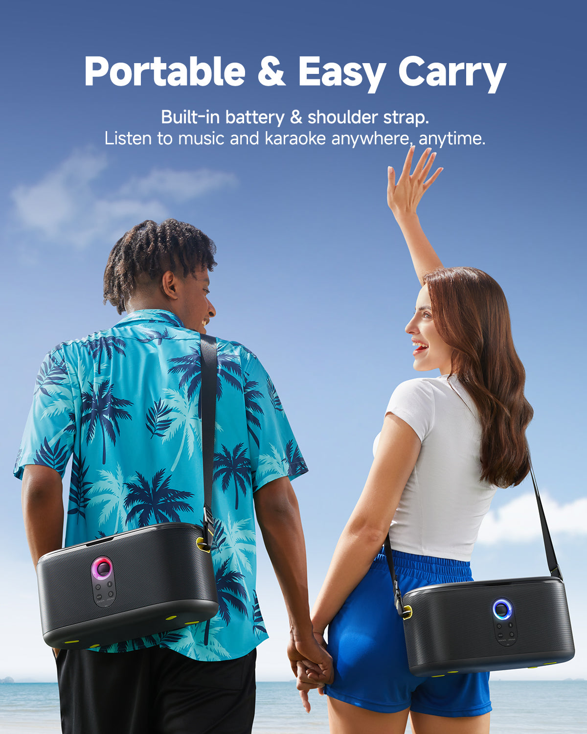 Experience karaoke anywhere with our portable machine featuring a built-in battery and shoulder strap. Enjoy music and singing fun anytime, anywhere!