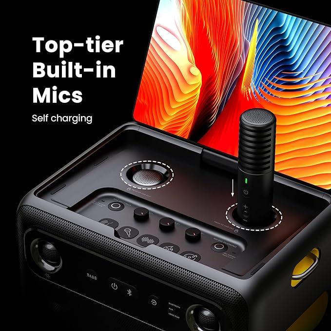 Experience exceptional sound quality with our top-tier karaoke machine featuring built-in self-charging microphones for hassle-free singing fun!