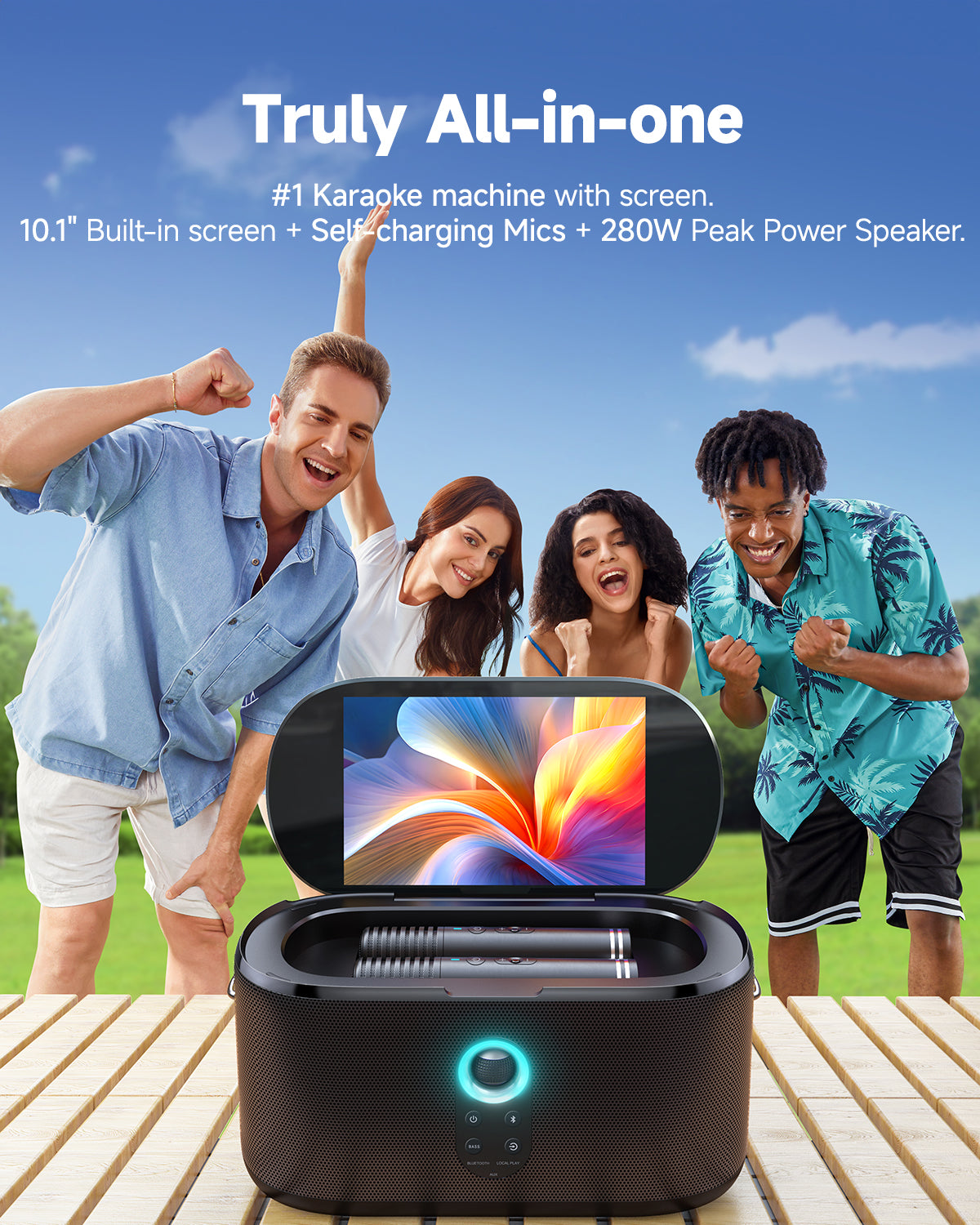 Discover the all-in-one karaoke machine featuring a 10.1" built-in screen, self-charging microphones, and a powerful 280W speaker for the ultimate karaoke experience!