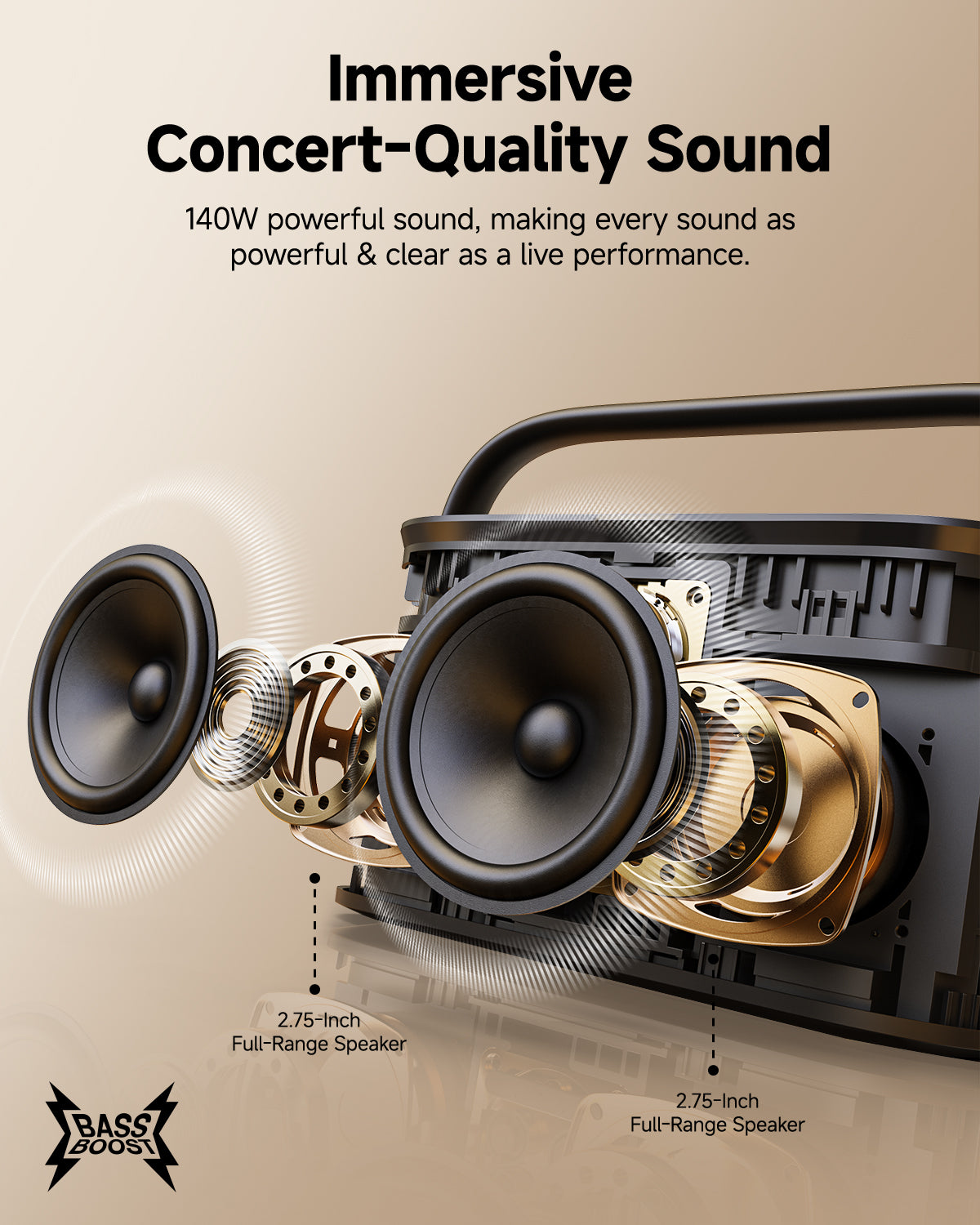 Experience immersive concert-quality sound with 140W powerful speakers. Every note is as clear and powerful as a live performance. Perfect for karaoke and parties!