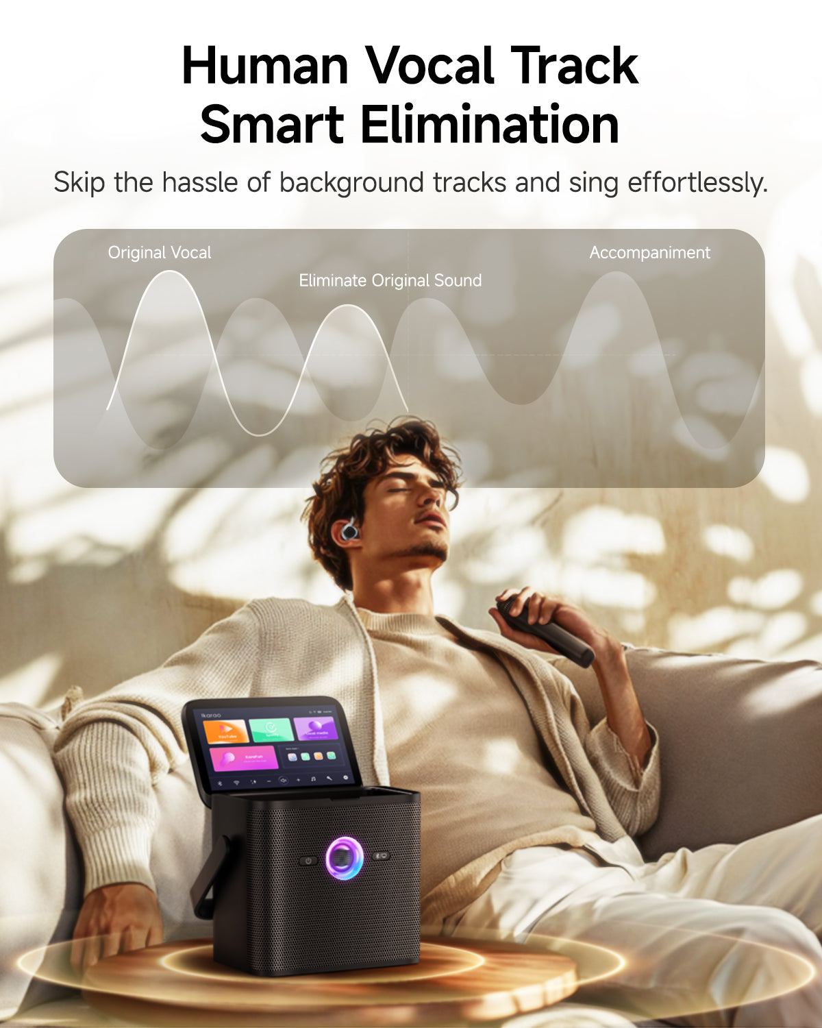 Ikarao karaoke machine with human vocal track elimination, ensuring clear, professional vocals without background tracks.