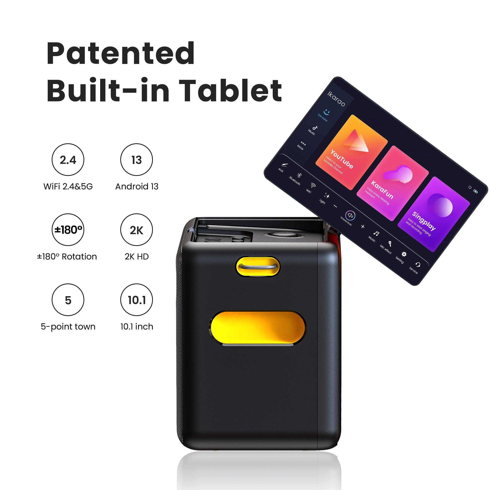 Discover the Ikarao karaoke machine featuring a patented built-in tablet with a 10.1-inch HD screen, WiFi connectivity, and access to YouTube and Karaoke apps like KaraFun and Singplay!