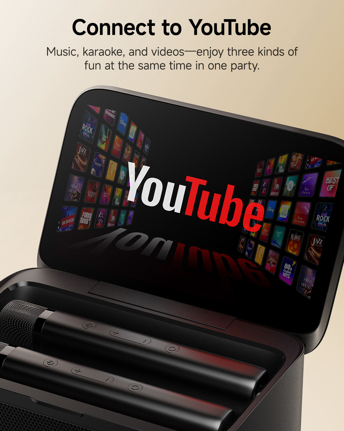 Ikarao Shell S3 karaoke machine connects to YouTube for music, karaoke, and videos, offering three kinds of fun at your party.